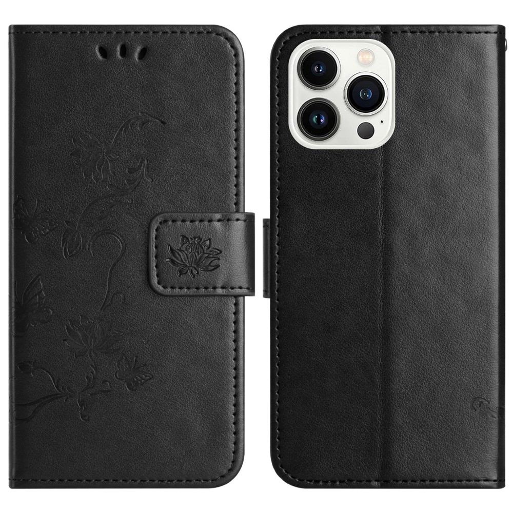 Virágos könyvtáska iPhone 16 Pro készülékhez - fekete