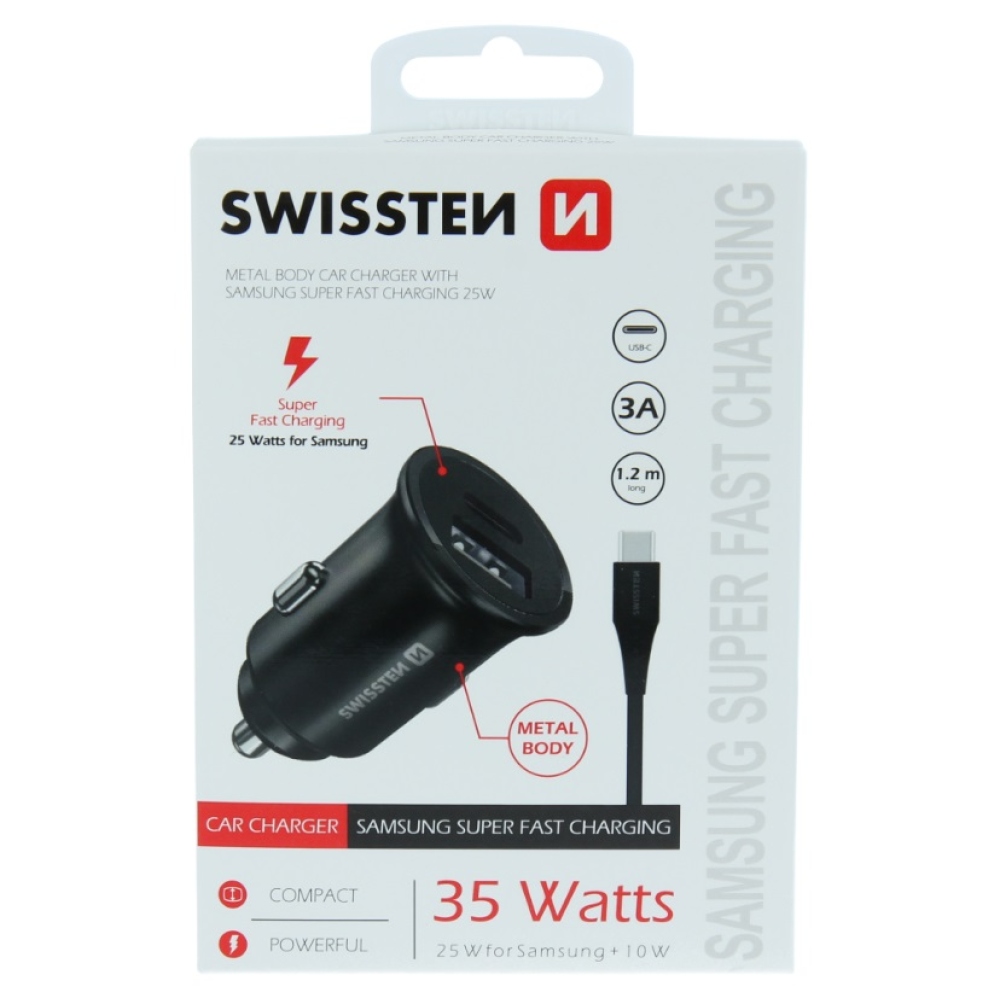 Autótöltő CL Swissten 25W + USB-C/USB-C kábel 1,2m - fekete