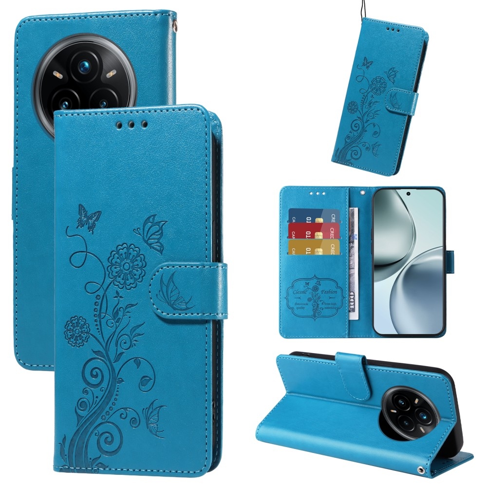 Virágos könyvtáska a Realme 14 Pro+ 5G készülékhez - kék