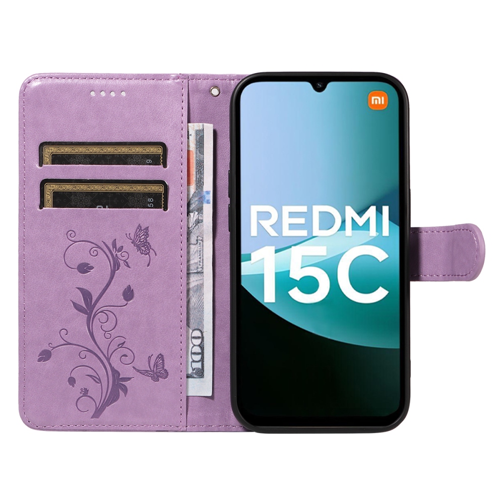 Virágok könyv tok Xiaomi Redmi 15C 4G/5G (173mm) - világos lila