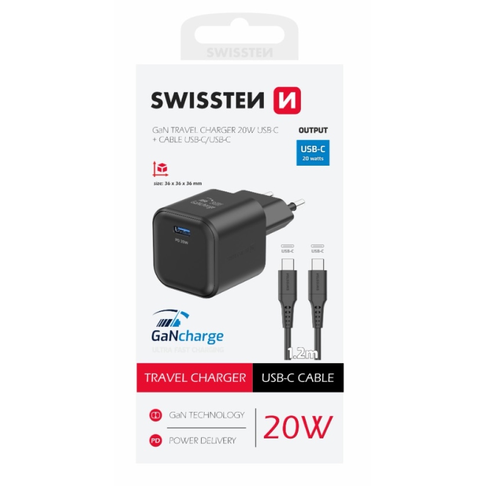 Swissten GaN 1x USB-C 20W Power Delivery + USB-C/USB-C 1,2m kábel - fekete