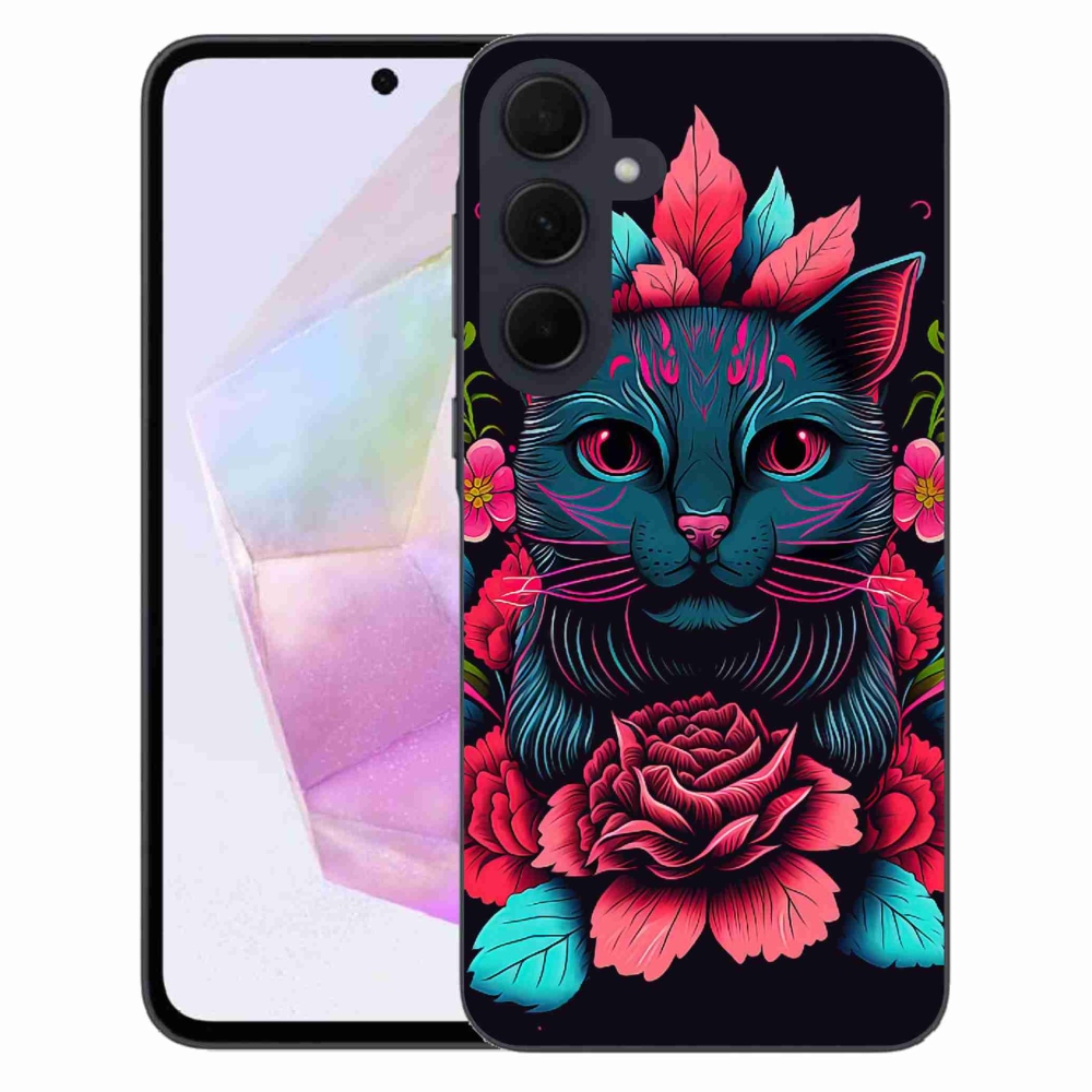 Gél borítás mmCase Samsung Galaxy A35 5G - virágok és macska