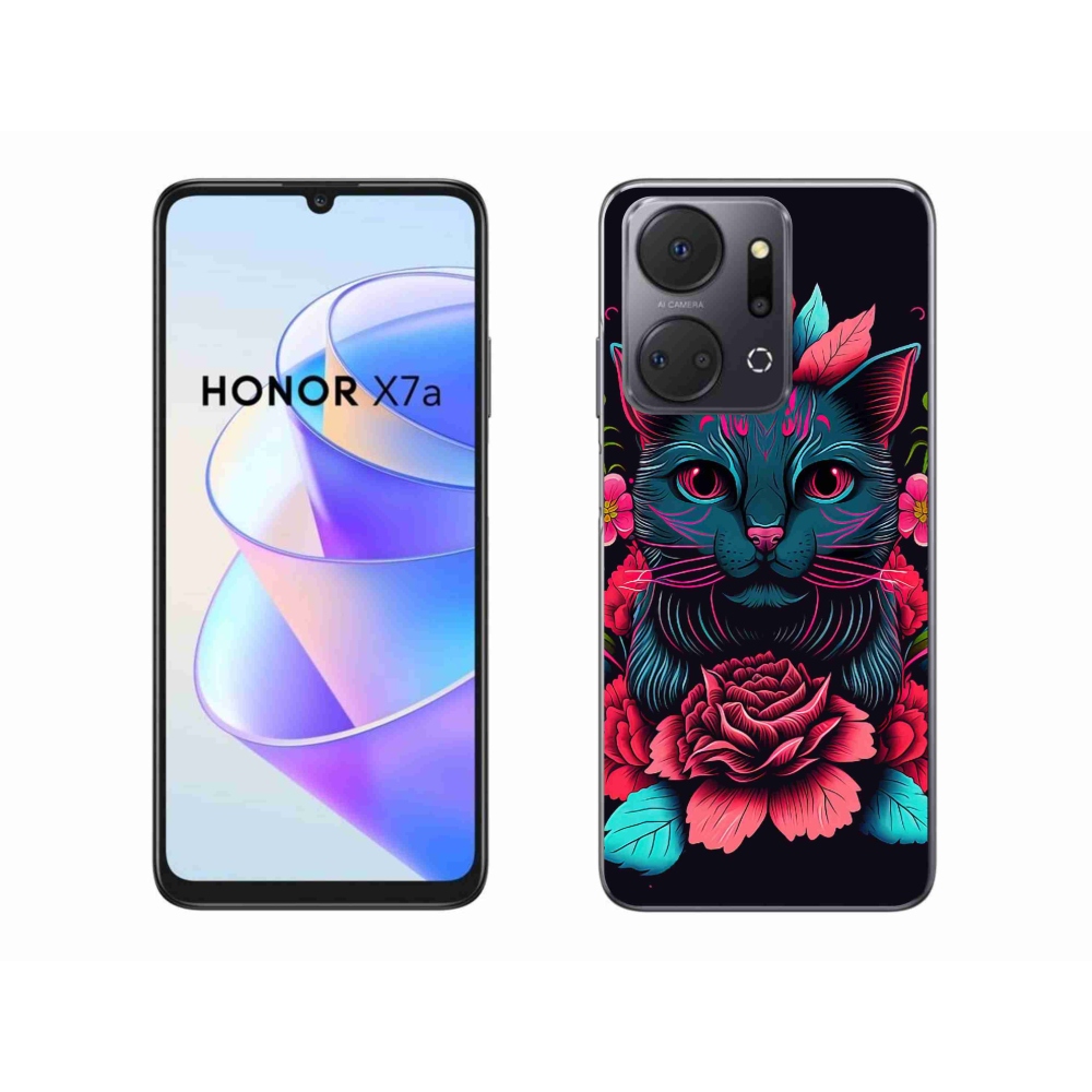 Zselés borító mmCase a Honor X7a számára - virágok és macska