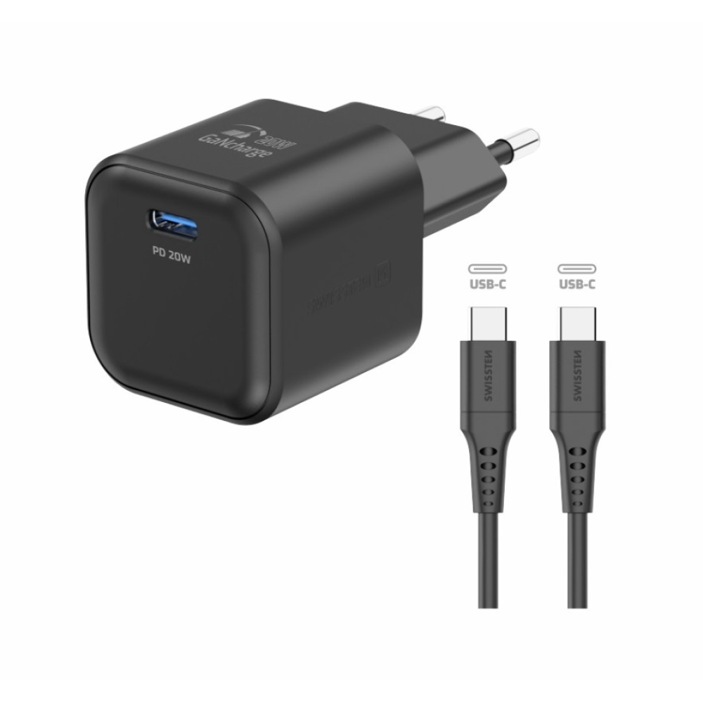 Swissten GaN 1x USB-C 20W Power Delivery + USB-C/USB-C 1,2m kábel - fekete