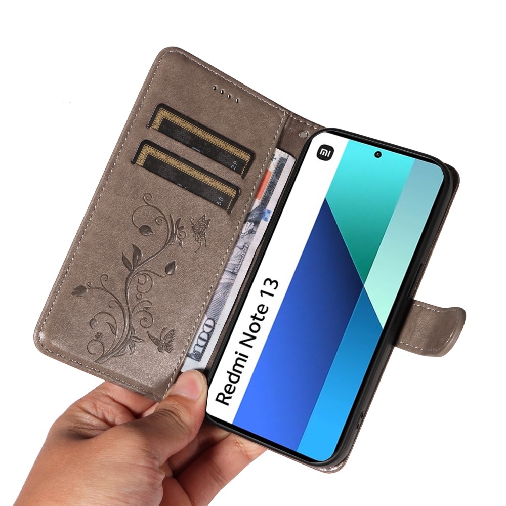 Virágos könyv tok Xiaomi Redmi Note 13-hoz - szürke