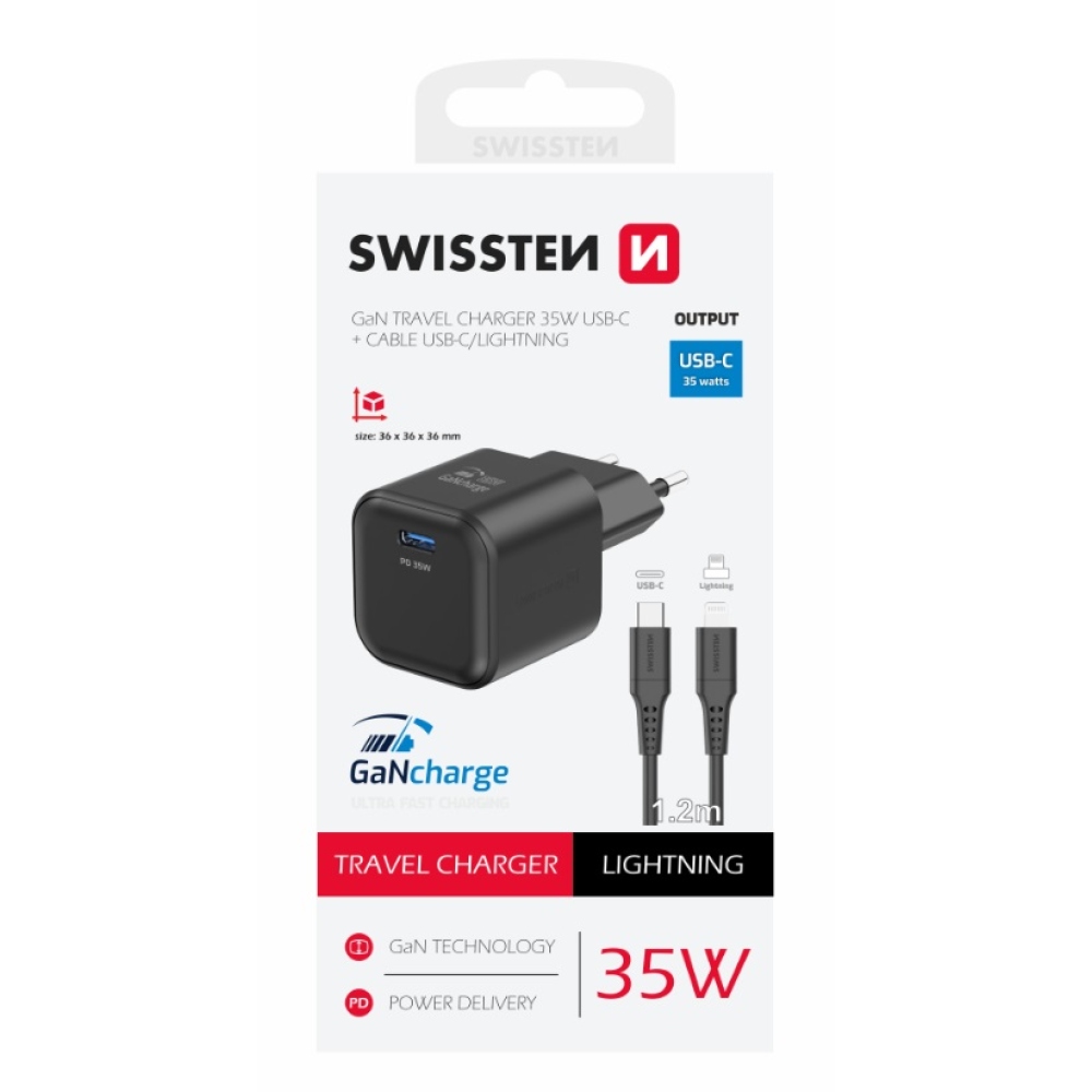 Swissten GaN 1x USB-C 35W tápegység + USB-C/Lightning kábel 1.2m - fekete