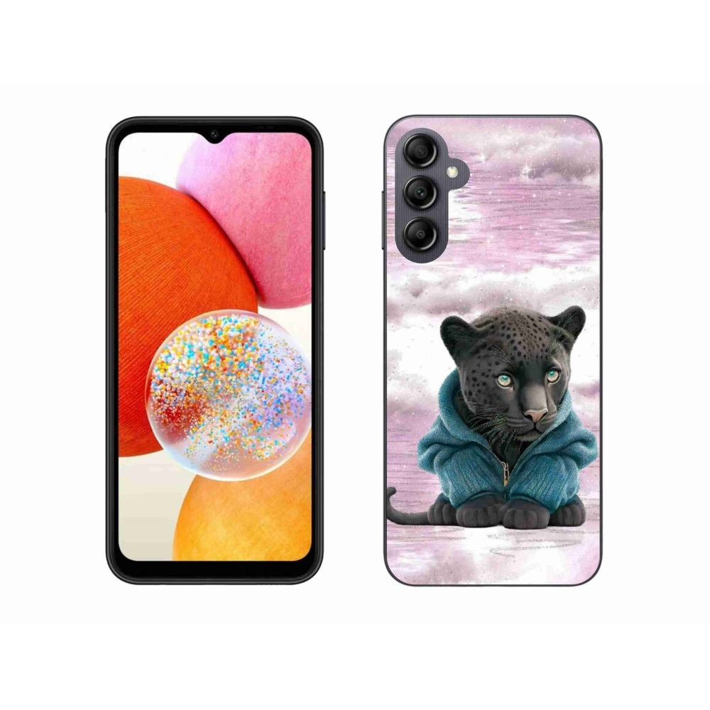 Zselés borítás mmCase Samsung Galaxy A14 4G/5G - fekete párduc pulóverben