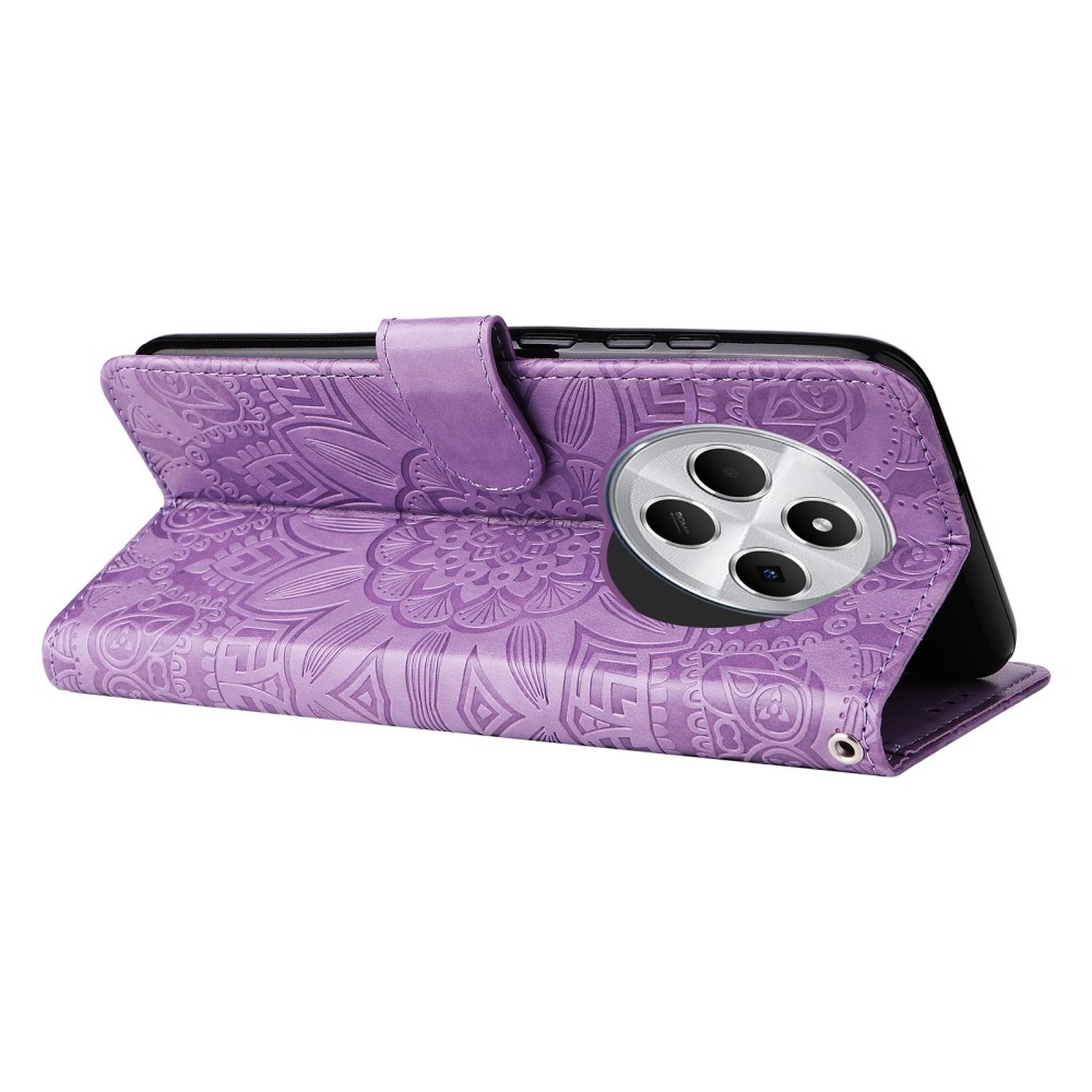 Napraforgó könyv tok Xiaomi Redmi 14C/Poco C75-hez - lila