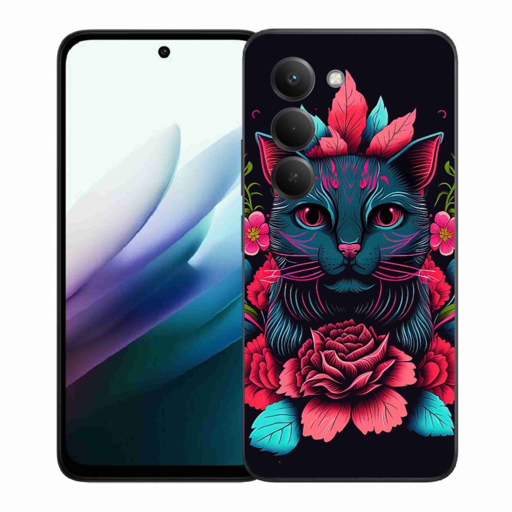 Gél borító mmCase a Xiaomi Redmi 15 4G/5G (171mm) - virágok és macska