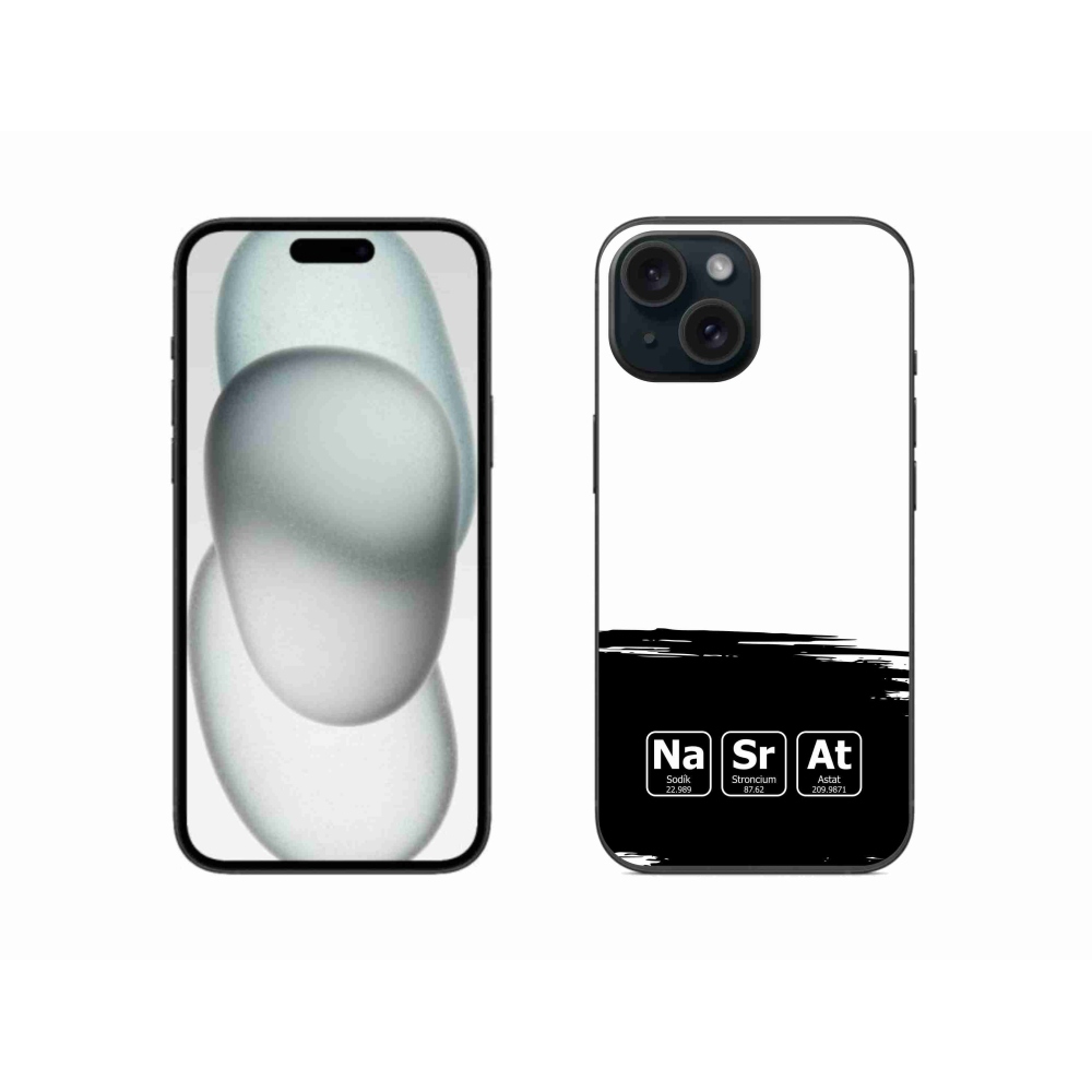 Gél borító mmCase iPhone 15-hez - kémiai elemek fekete és fehér háttérrel