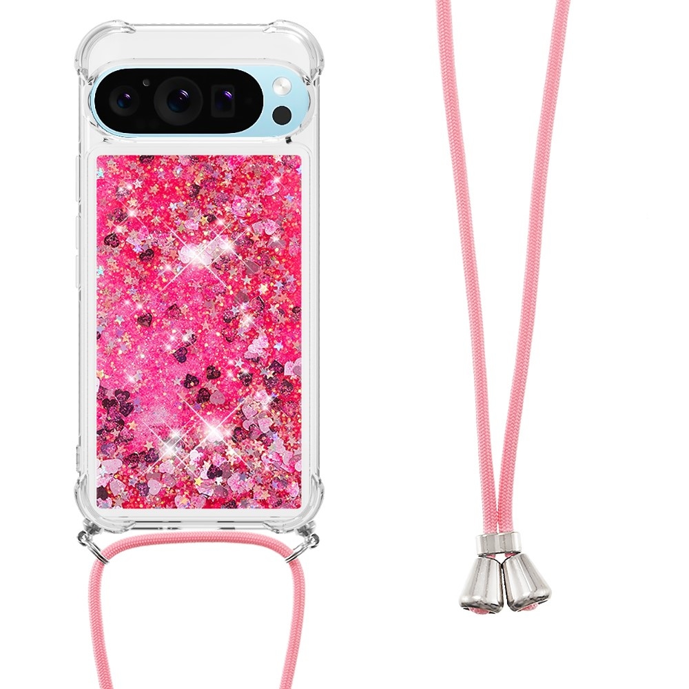 Csillogó homokóra zselés tok húzózsinórral Google Pixel 10 Pro/Pixel 10 - rózsaszín/szív