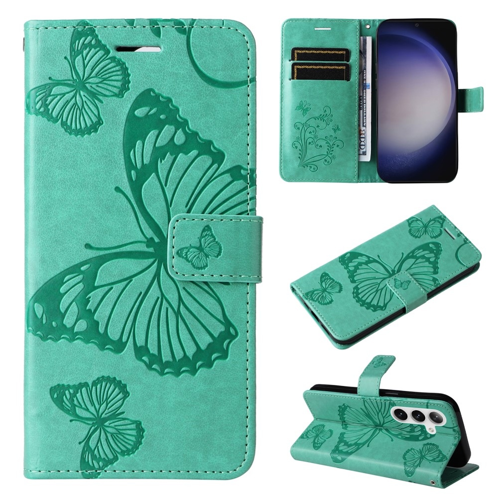 Nagy pillangó könyv tok Samsung Galaxy S25-hez - teal - teal