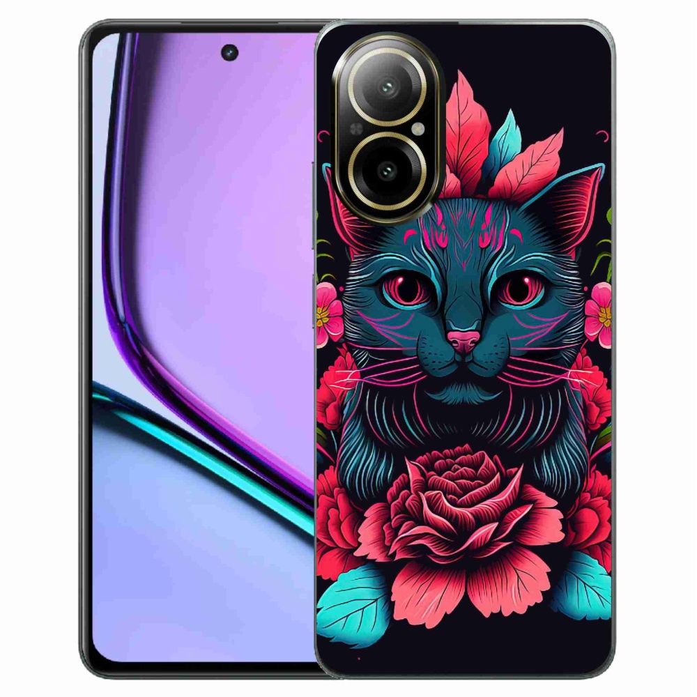Gél borító mmCase a Realme C67 készülékhez - virágok és macska