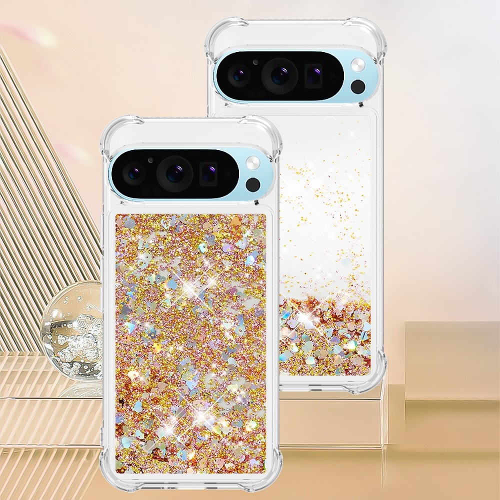 Csillogó homokóra zselés tok Google Pixel 10 Pro XL készülékhez - arany/szív