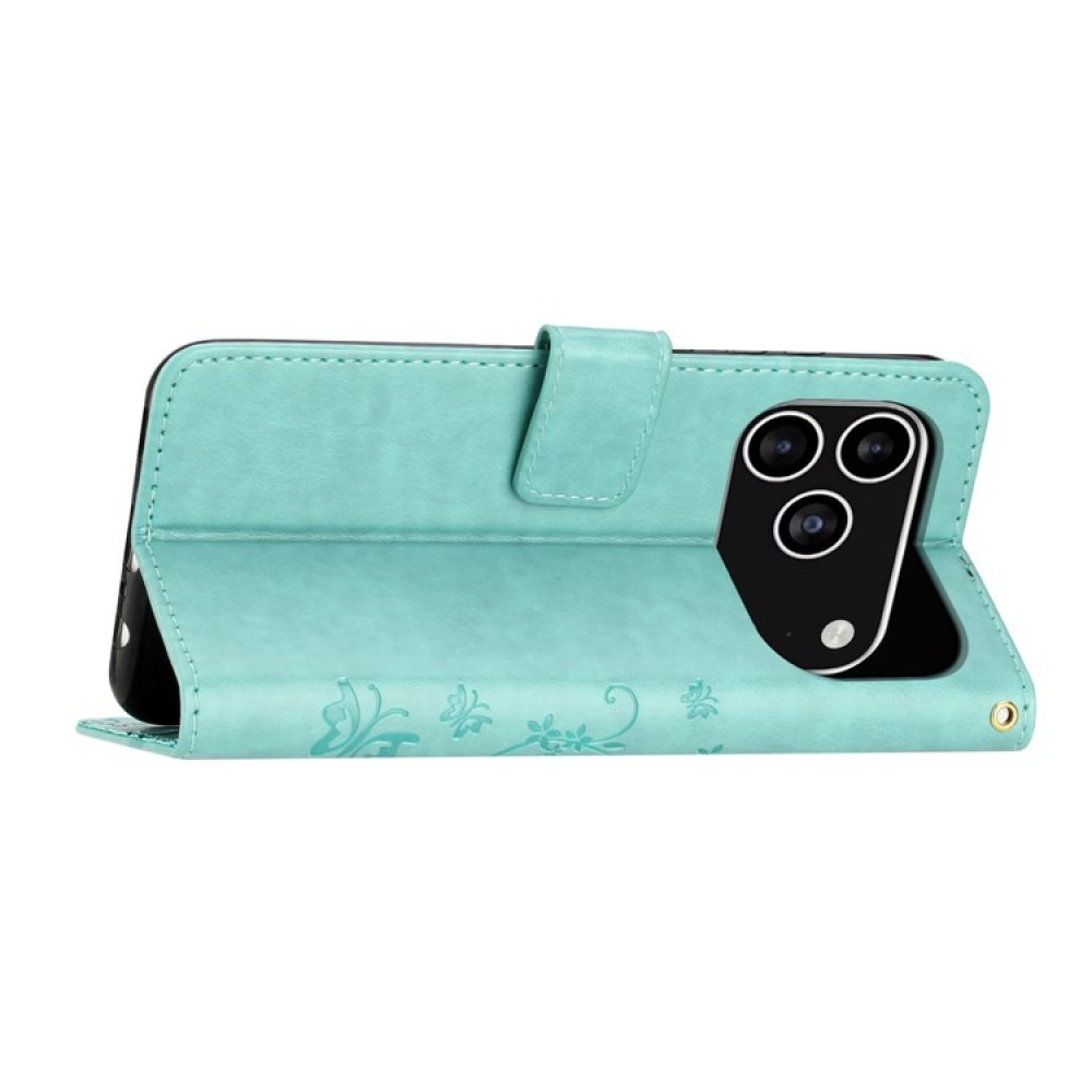 Virágok könyvtáska iPhone 17 Pro készülékhez - teal színű