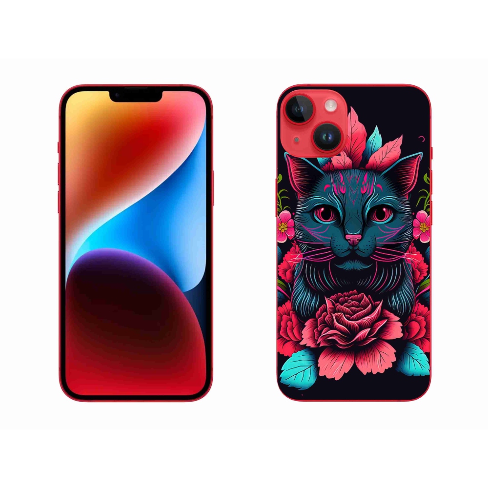 Gél borítás mmCase iPhone 14 Plus készülékhez - virágok és macska