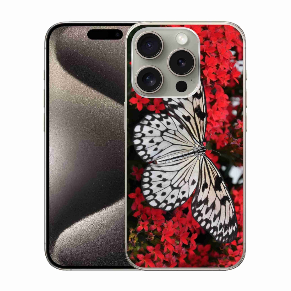 Zselés borítás mmCase iPhone 15 Pro készülékhez - fekete-fehér pillangó 1