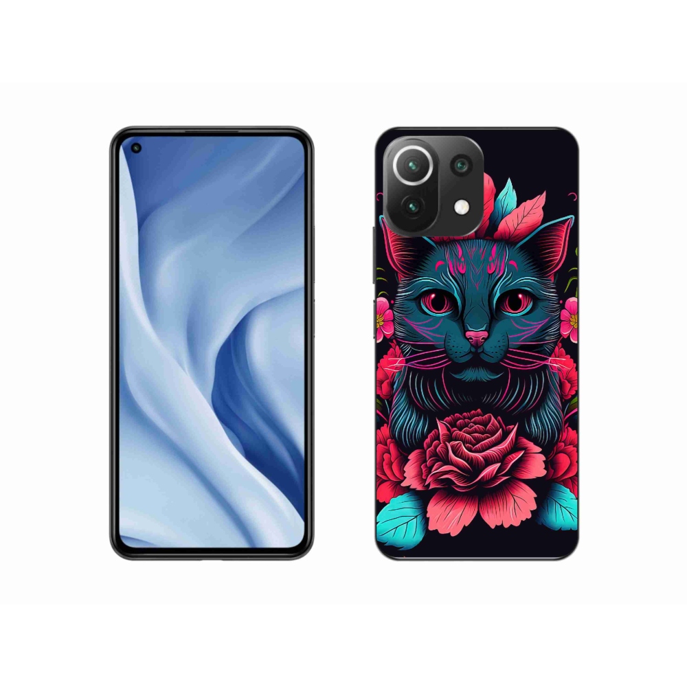 Gél borító mmCase a Xiaomi Mi 11 Lite 4G/5G számára - virágok és macska