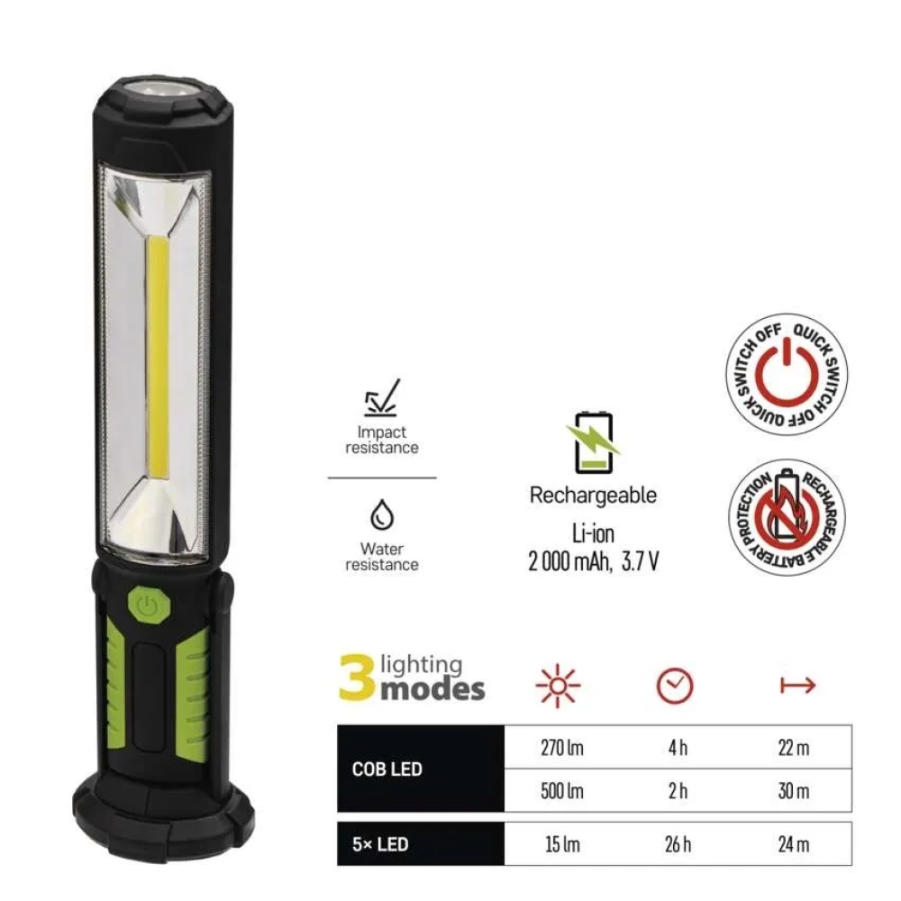 COB LED + LED munka zseblámpa P4525,500 lm,Li-Ion 2000 mAh