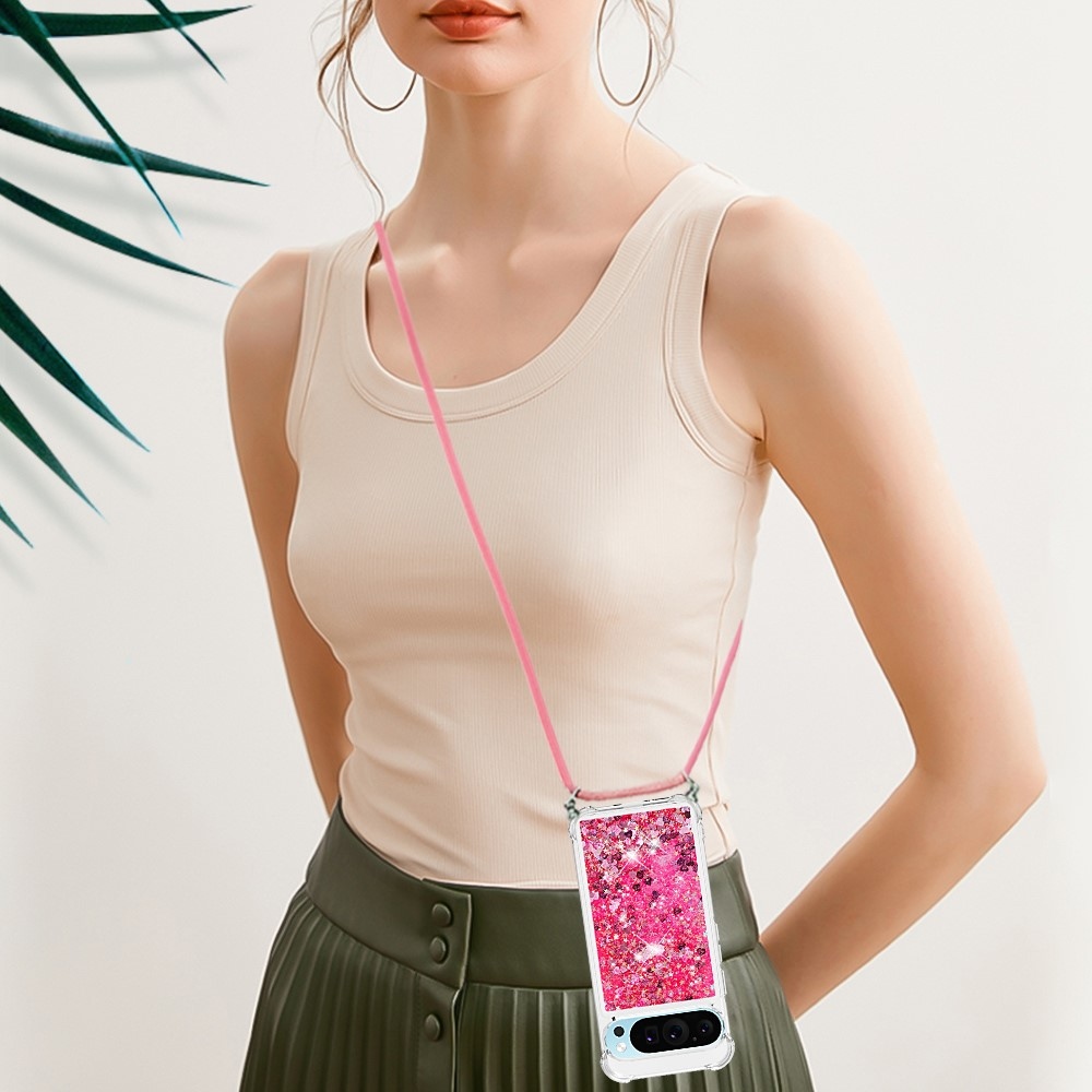 Csillogó homokóra zselés tok húzózsinórral Google Pixel 10 Pro/Pixel 10 - rózsaszín/szív