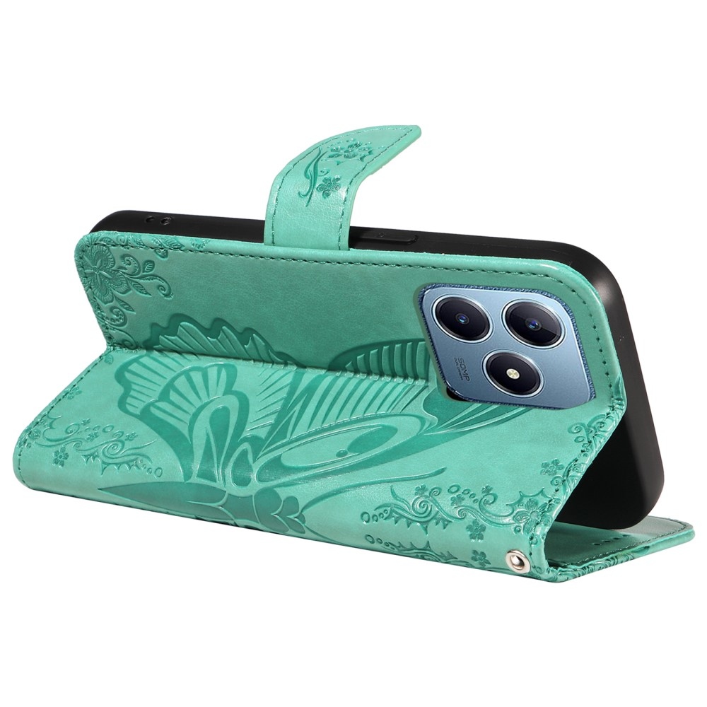 Virágos pillangó könyvtáska a Realme C61/C63 készülékhez - teáskék színű