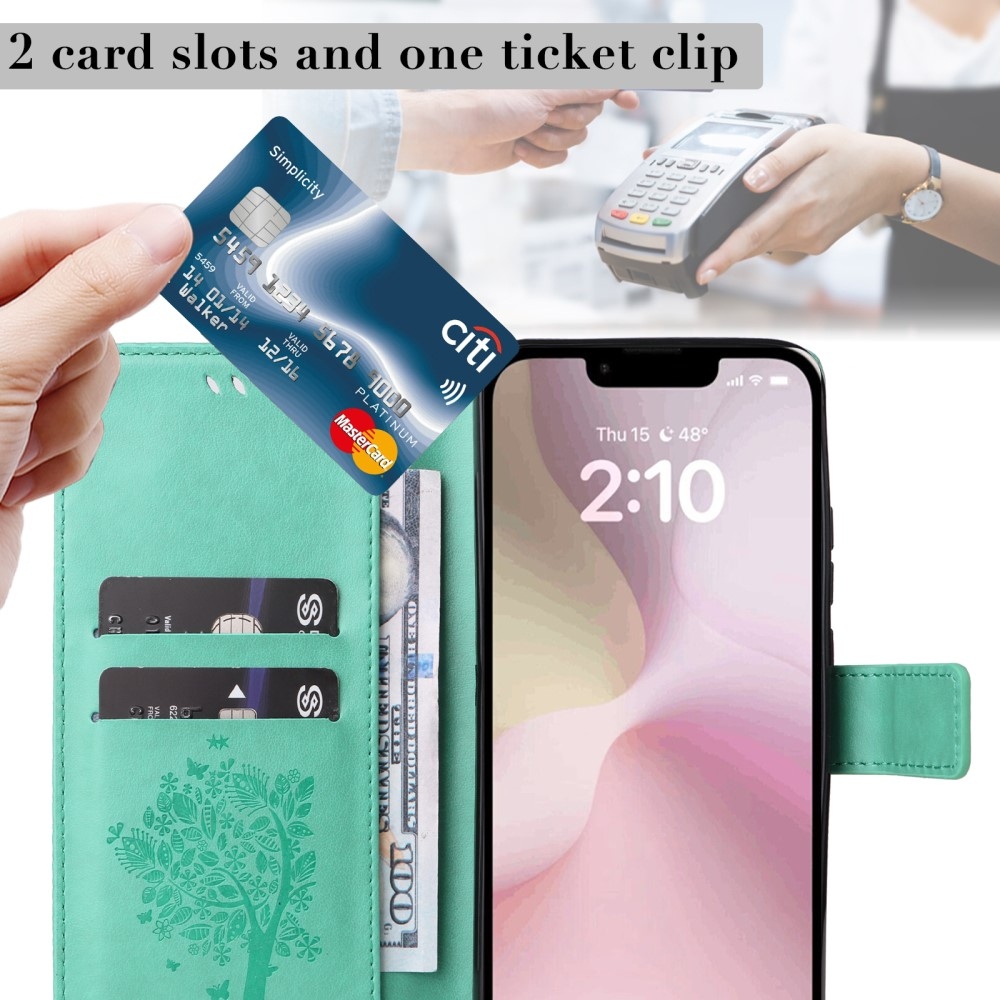 Fák könyvtáska iPhone 16e készülékhez - kékeszöld színű