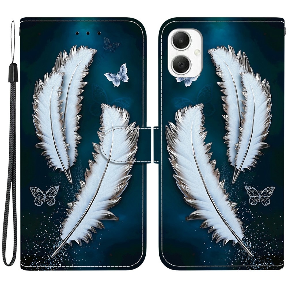 Sokoldalú könyvtáska Samsung Galaxy A06 4G készülékhez - fehér tollakkal