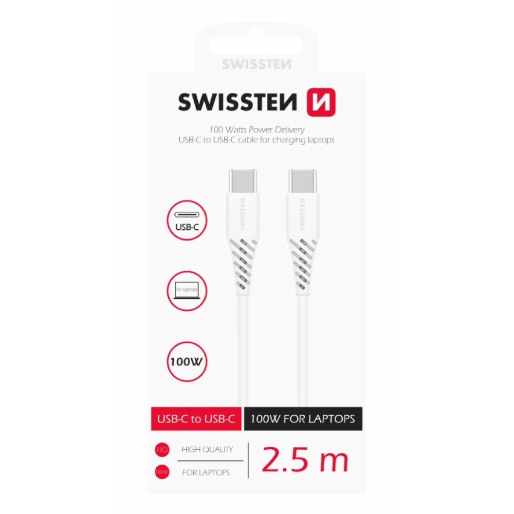 Swissten adat/töltő kábel TPE USB-C/USB-C 5A 100W 2.5m - Fehér