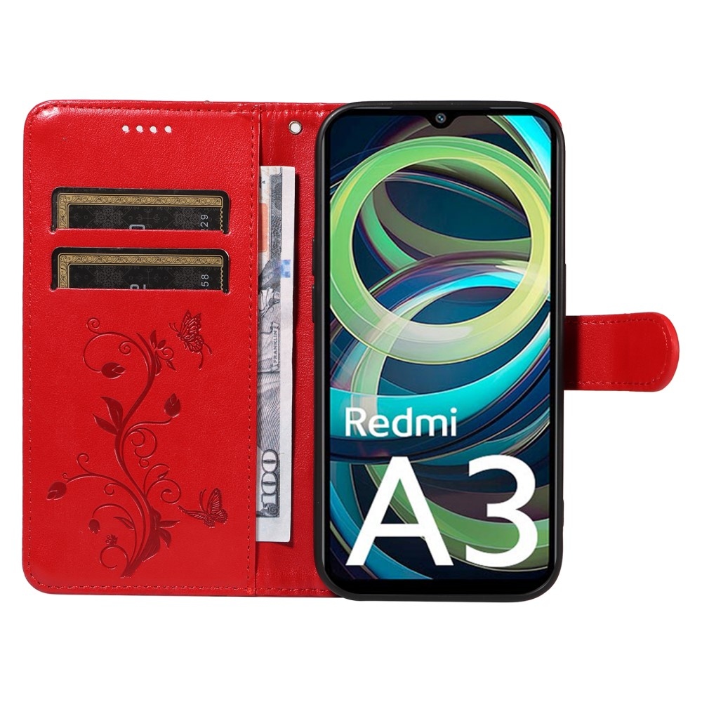 Virágok könyv tok Xiaomi Redmi A3-hoz - piros