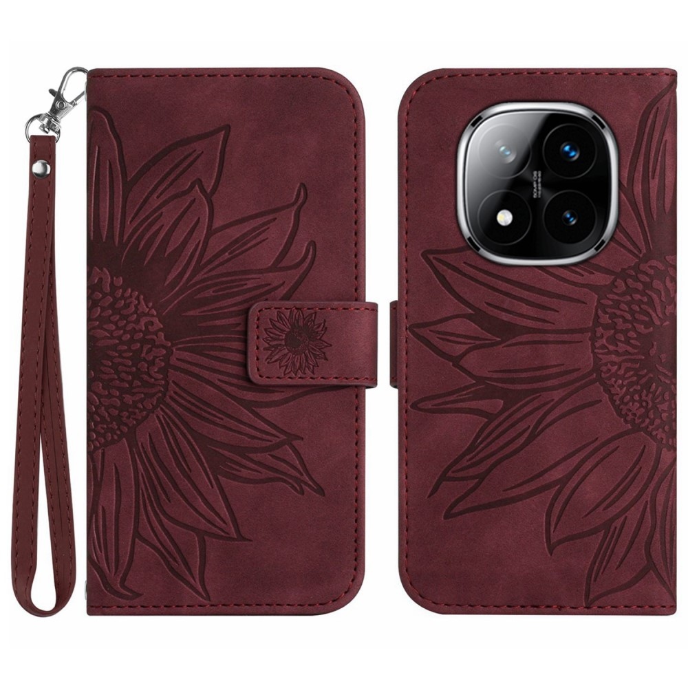 Napraforgó könyv tok a Xiaomi Redmi Note 14 Pro-hoz - bordó színű