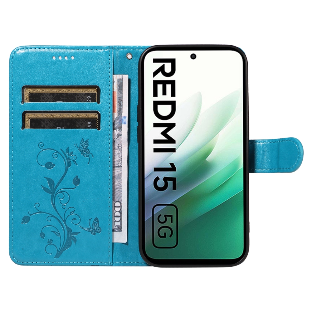 Virágos könyv tok Xiaomi Redmi 15 4G (171mm) - kék