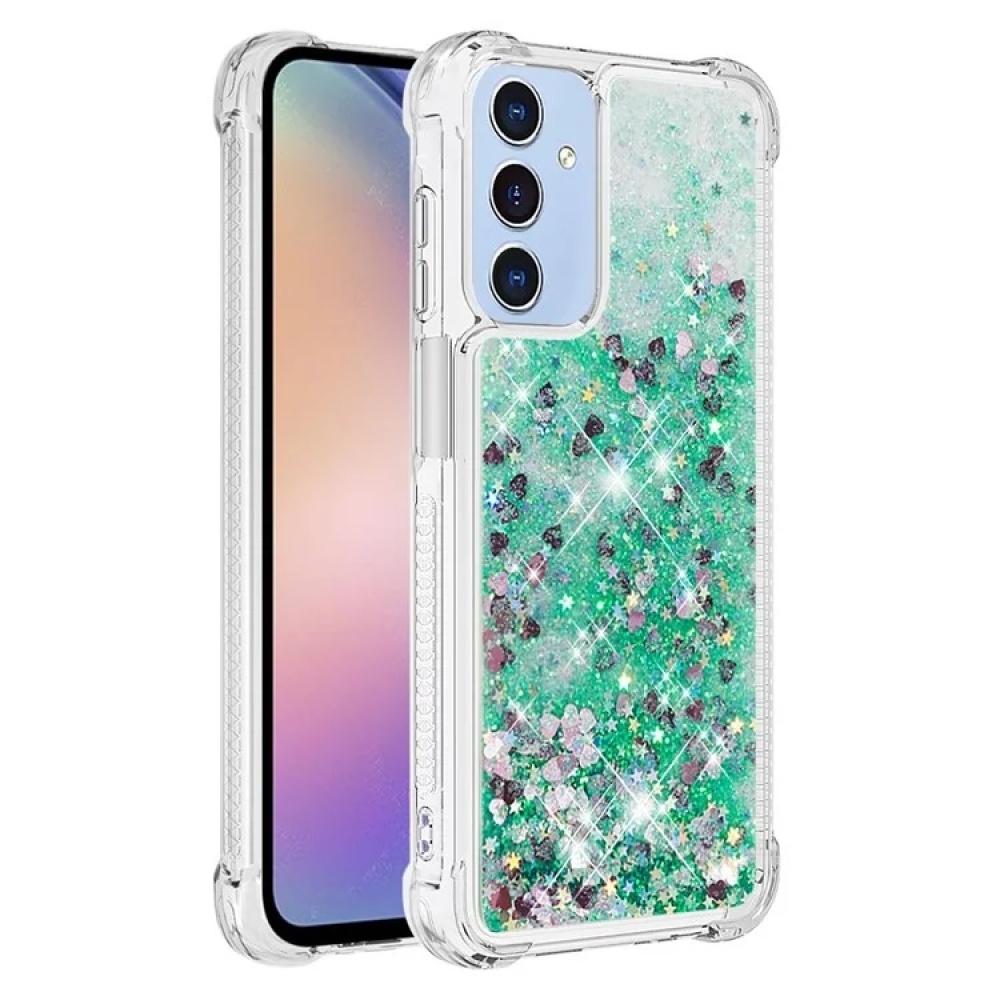 Glitter zselés homokóra hüvely Samsung Galaxy A15 4G/5G készülékhez - zöld/szívek