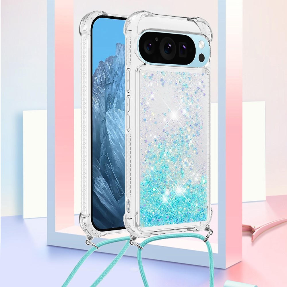 Csillogó homokóra zselés tok zsinórral a Google Pixel 10 Pro/Pixel 10 számára - kék/csillagok