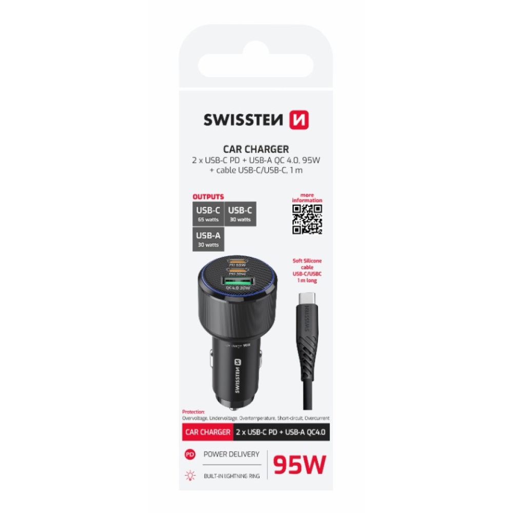 Swissten CL adapter 2x USB-C PD + USB-A, 95W - fekete + USB-C / USB-C kábel, 1m
