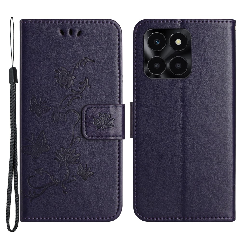 Virágos könyvtáska Honor X6a készülékhez - sötét lila