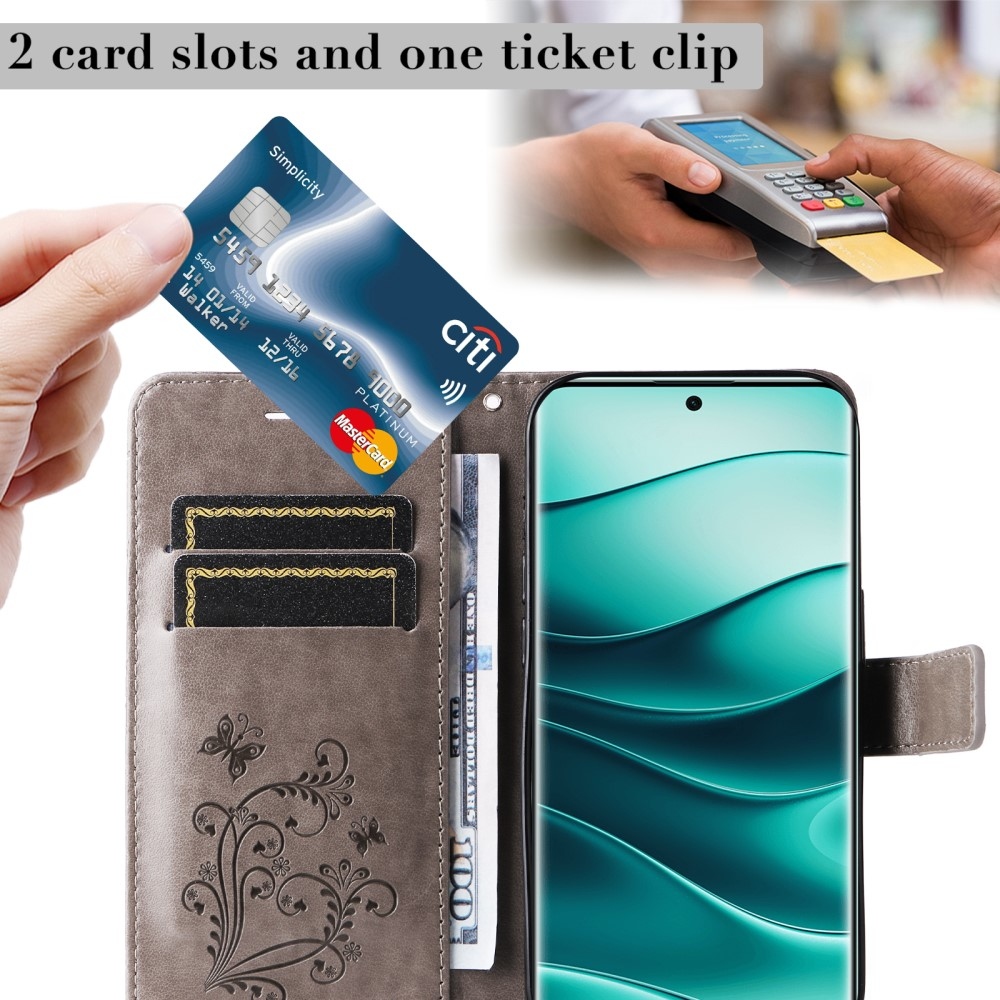 Nagy pillangó könyv tok a Xiaomi Redmi Note 14 Pro 5G/Poco X7 5G/Note 14 Pro+ 5G számára - szürke