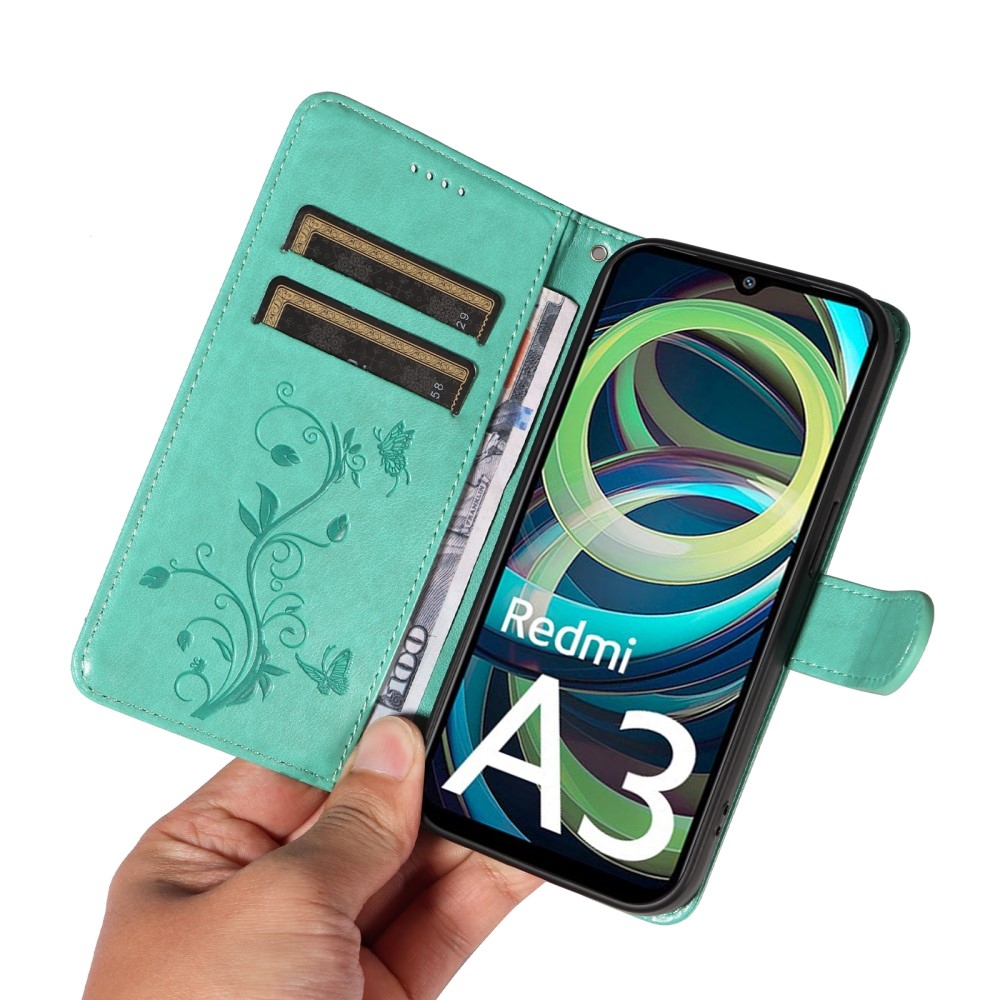 Virágok könyv tok Xiaomi Redmi A3-hoz - teal színű