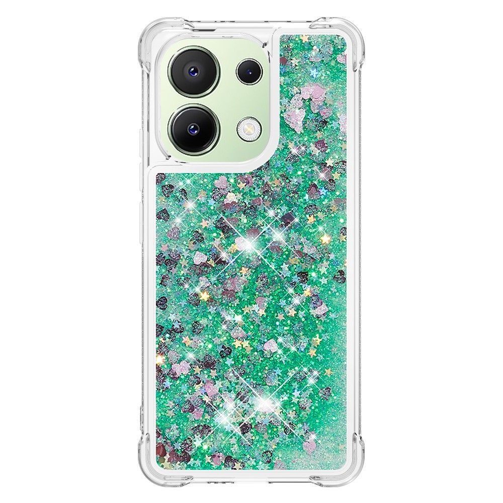 Glitter zselés homokóra tok Xiaomi Redmi Note 13-hoz - zöld/szívek