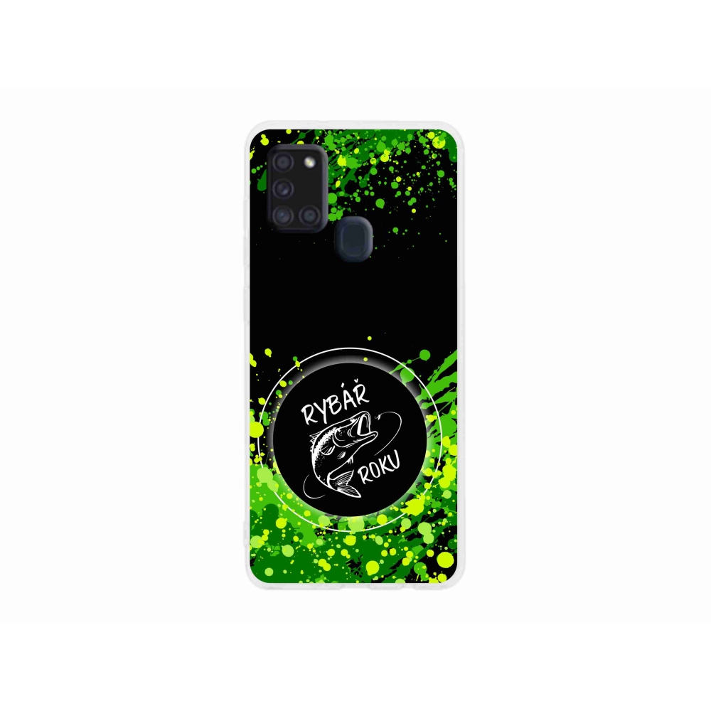 Zselés borító mmCase Samsung Galaxy A21s készülékhez - Az év horgásza fekete háttérrel