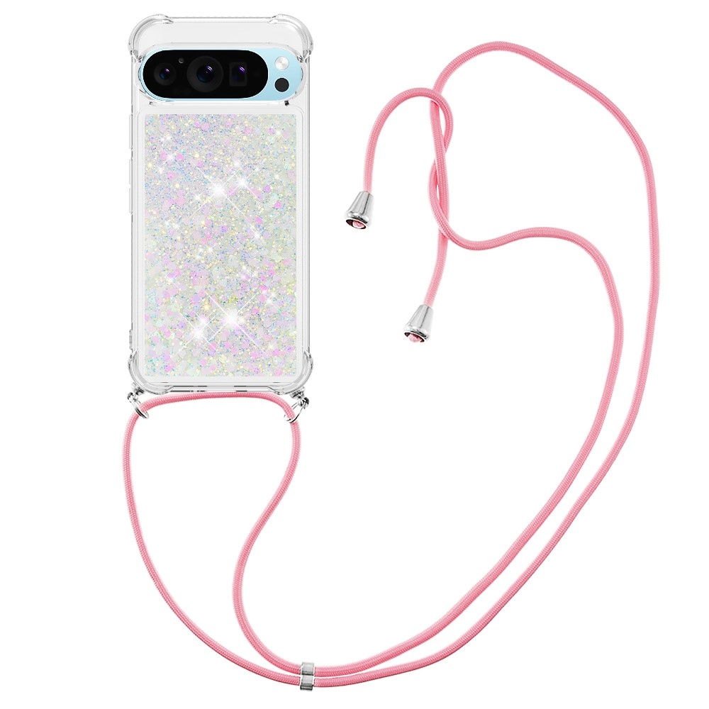 Csillogó homokóra zselés tok húzózsinórral Google Pixel 10 Pro/Pixel 10 - rózsaszín/ezüst/szív