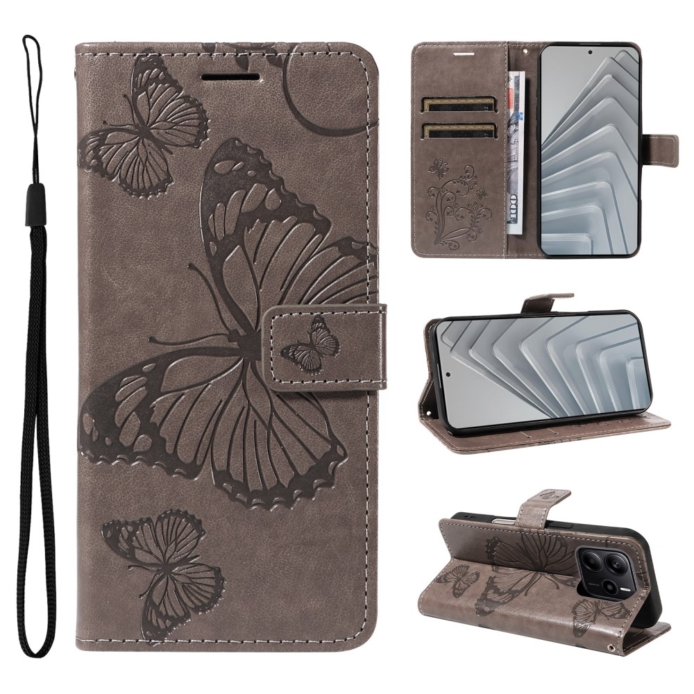 Nagy pillangó könyv tok Xiaomi Redmi Note 14-hez - szürke