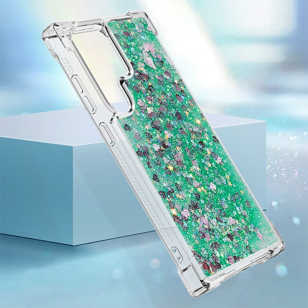 Glitter homokóra zselés tok Samsung Galaxy S24 Ultra készülékhez - zöld/szívek