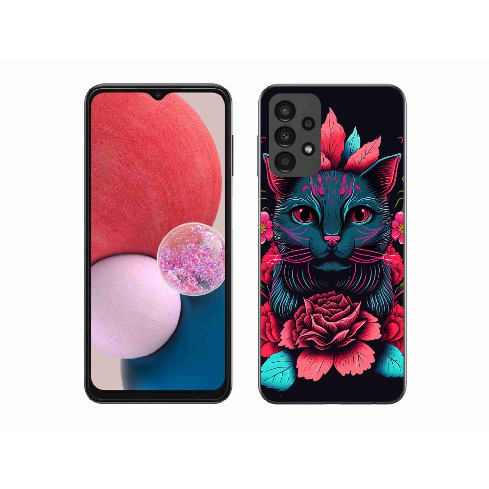 Gél borítás mmCase Samsung Galaxy A13 4G - virágok és macska