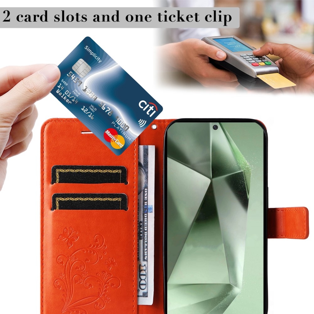 Nagy pillangó könyv tok Samsung Galaxy S24 FE készülékhez - narancssárga