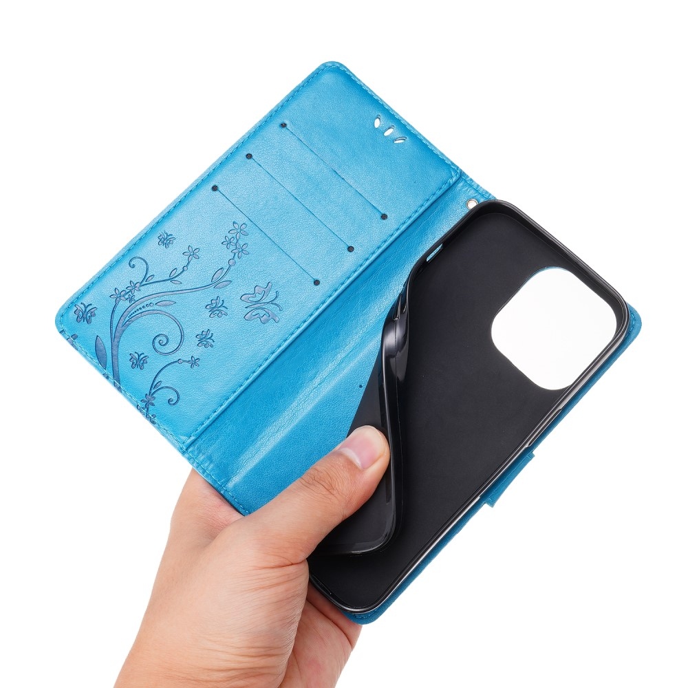 Virágok könyv tok iPhone 15 Pro készülékhez - kék