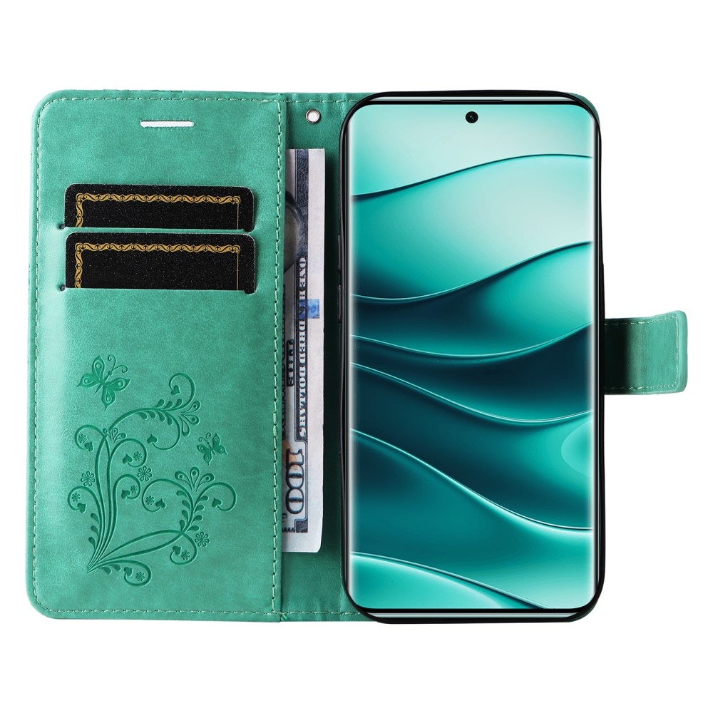 Nagy pillangó könyv tok Xiaomi Redmi Note 14 Pro 5G/Poco X7 5G/Note 14 Pro+ 5G - teal színben