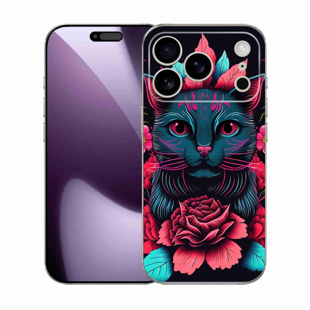 Gél borítás mmCase iPhone 17 Pro készülékhez - virágok és macska