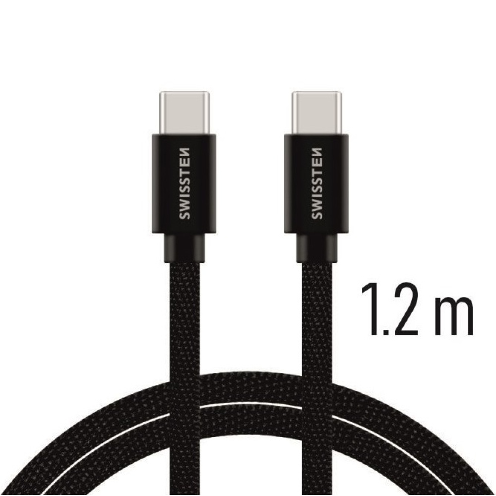 Swissten Woven USB-C/USB-C töltő és szinkronizáló kábel 1.2m - Fekete