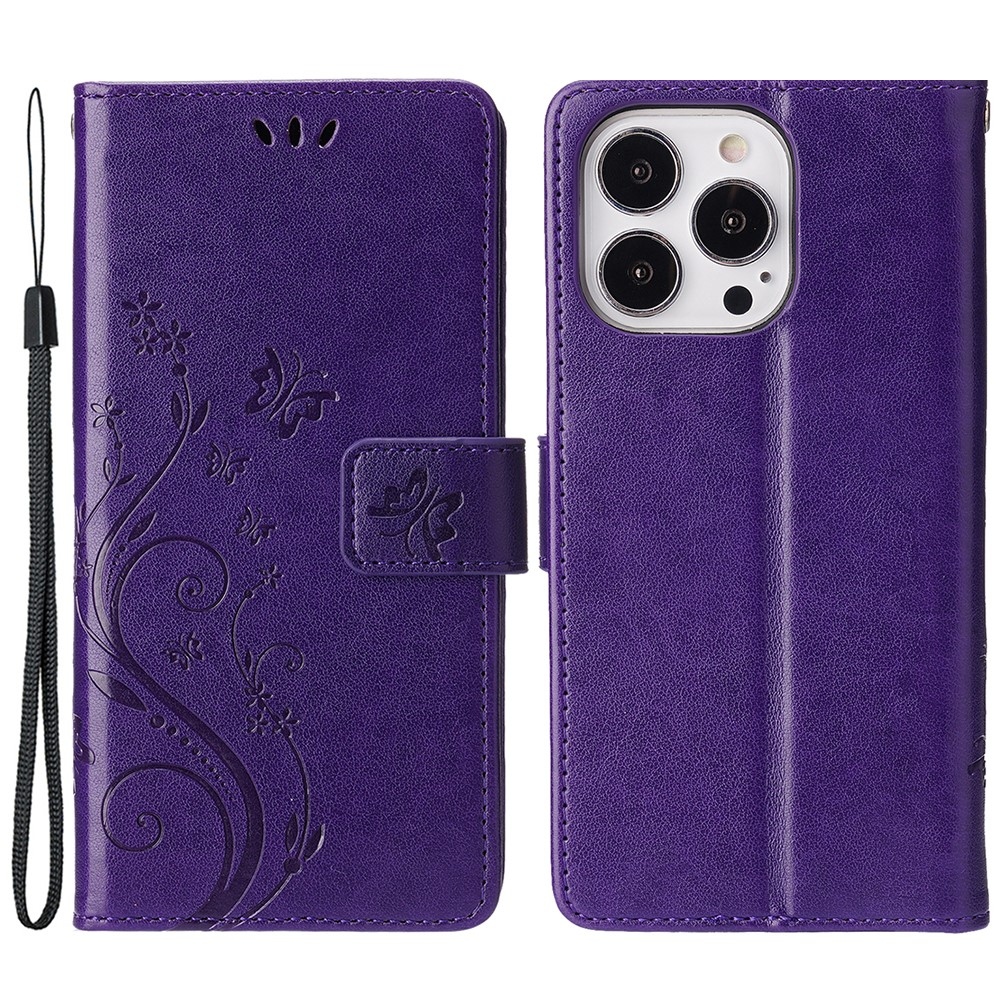 Virágok könyvtáska iPhone 15 Pro készülékhez - sötétlila