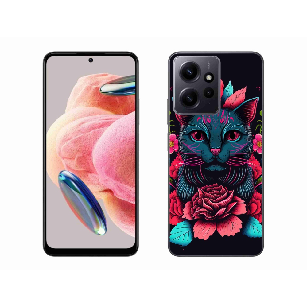 Gél borító mmCase a Xiaomi Redmi Note 12 4G-hez - virágok és macska